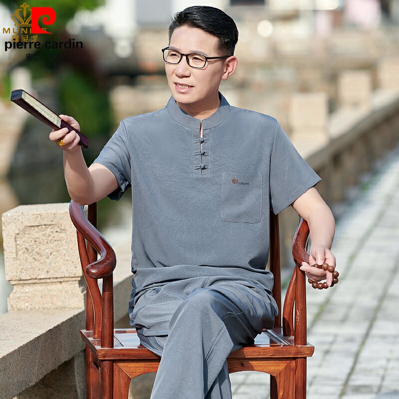 皮尔卡登唐装男中老年夏季短袖套装爸爸夏装两件式爷爷休闲 上衣