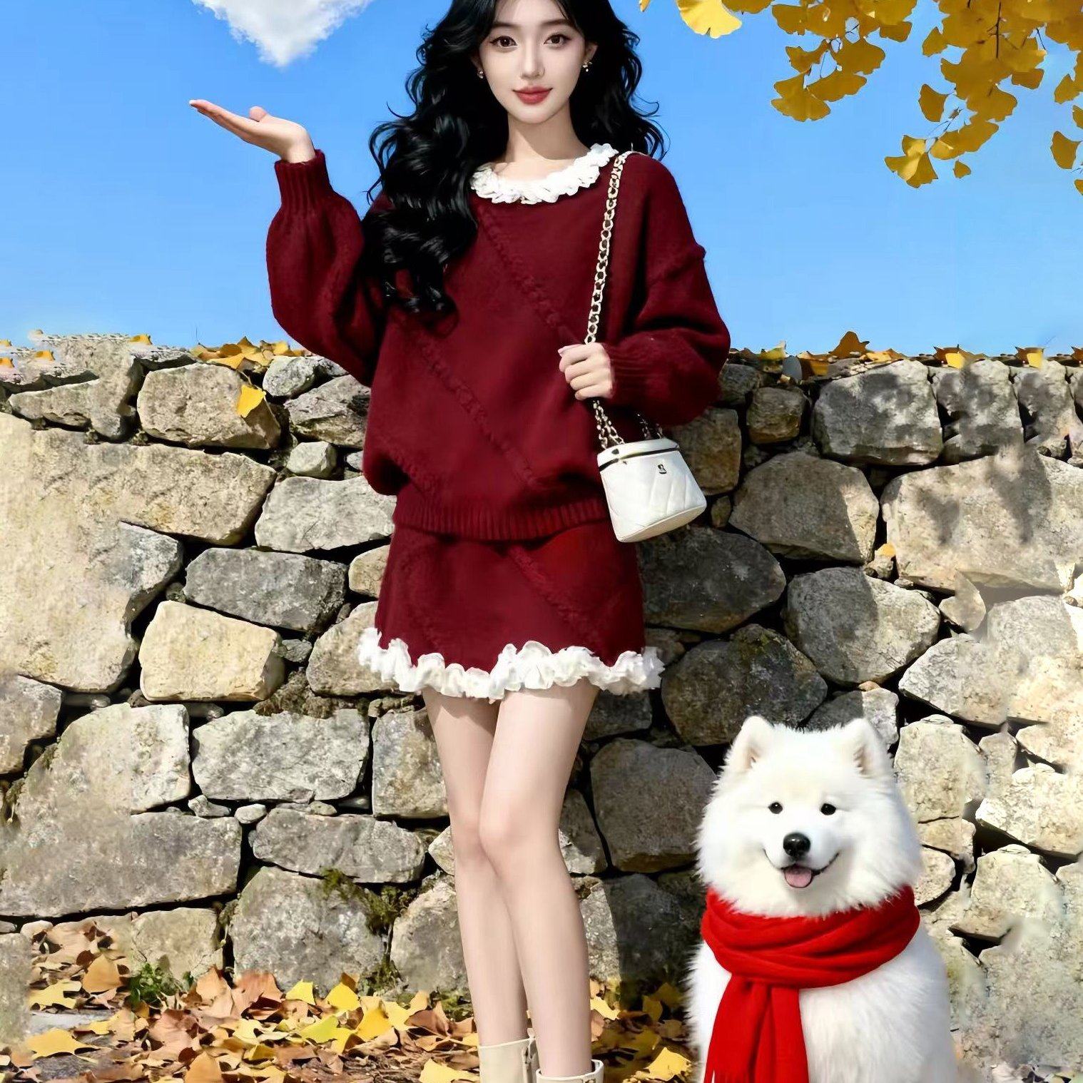 秋冬氛围感穿搭红色毛衣套装女圣诞新年针织花边领上衣短裙两件套