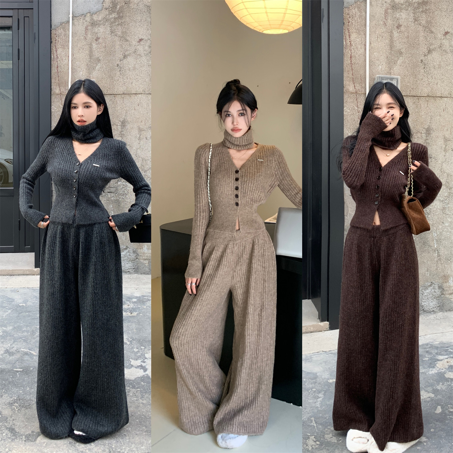 实拍～秋冬 气质V领羊毛套装女 高级感毛衣开衫长裤围脖三件套