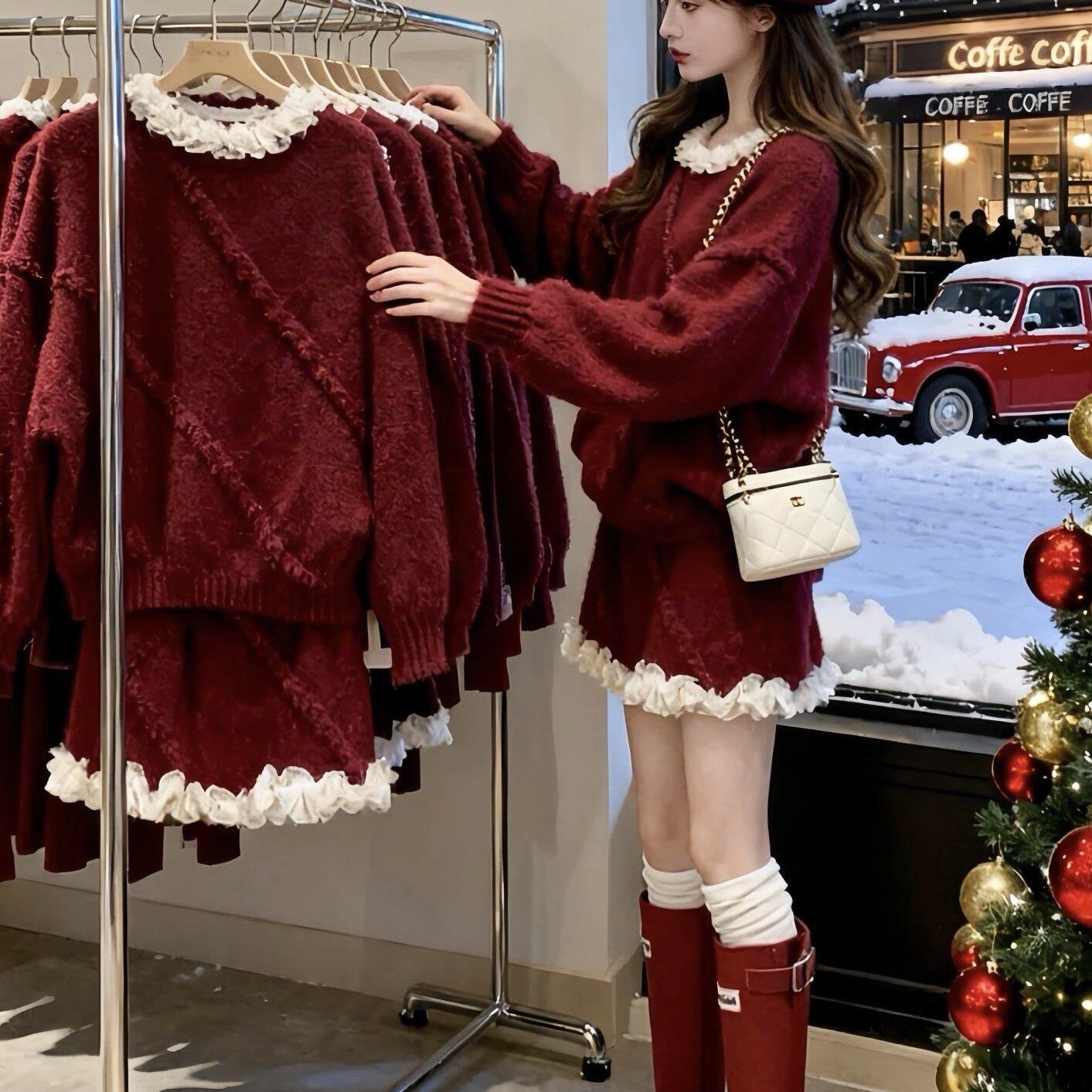 氛围感穿搭圣诞红色花边领针织毛衣短裙两件套女秋冬新款时尚套装