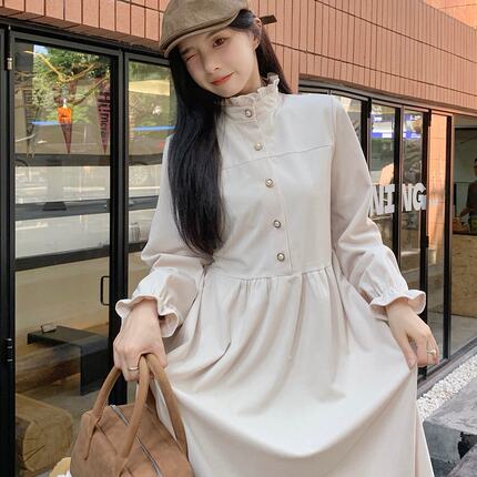 实拍实价法式赫本风秋冬新款灯芯绒连衣裙显瘦气质中长款打底裙