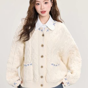 别致上衣 慵懒风撞色针织开衫 法式 甜美麻花毛衣外套女秋冬季