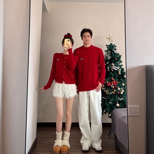 2025秋冬设计感红色麻花毛衣圣诞订婚领证开衫 情侣装 已出货 实拍