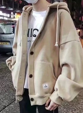 秋冬季连帽加绒卫衣男ins港风宽松情侣新款上衣潮流百搭休闲外套