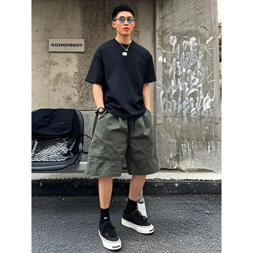 军绿色美式工装短裤男款夏季潮牌痞帅中裤宽松休闲运动五分半截裤