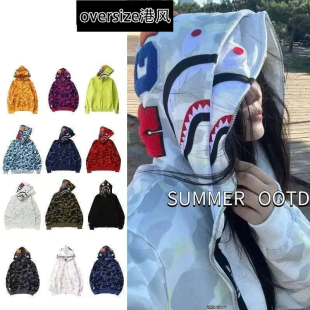 美式 开衫 复古网红拉链刺绣卫衣 重磅双帽鲨鱼外套男男女同款 春秋季