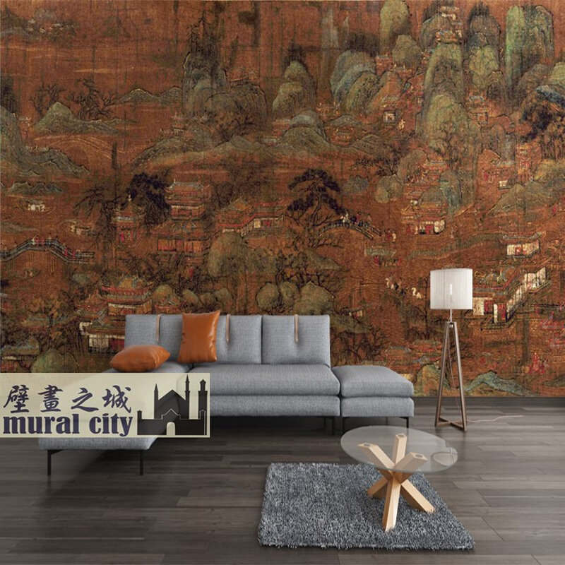 唐代宫苑图壁纸复古风古画墙纸墙布中式风格拍照沙发摄.影背景壁