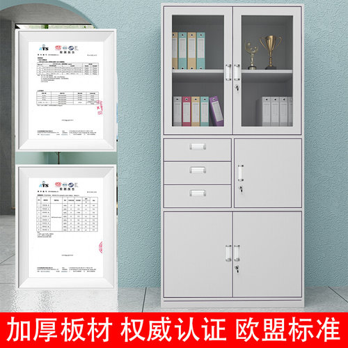 。山东青岛办公铁皮文件柜资料室档案柜财务凭证柜带锁玻璃门储物