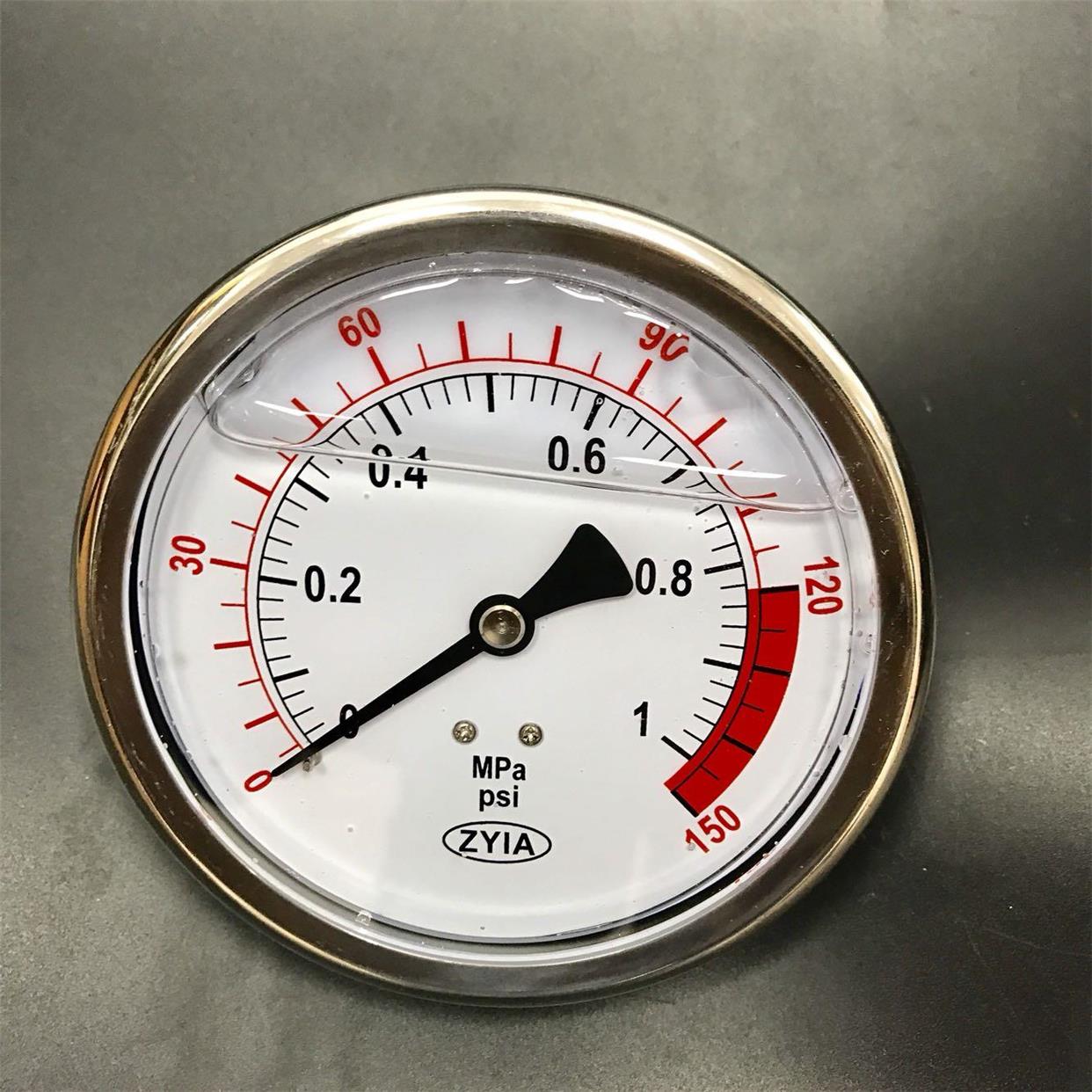 轴向螺纹背后中心位置 全不锈钢耐震压力表 直径100mm 压力1mpa