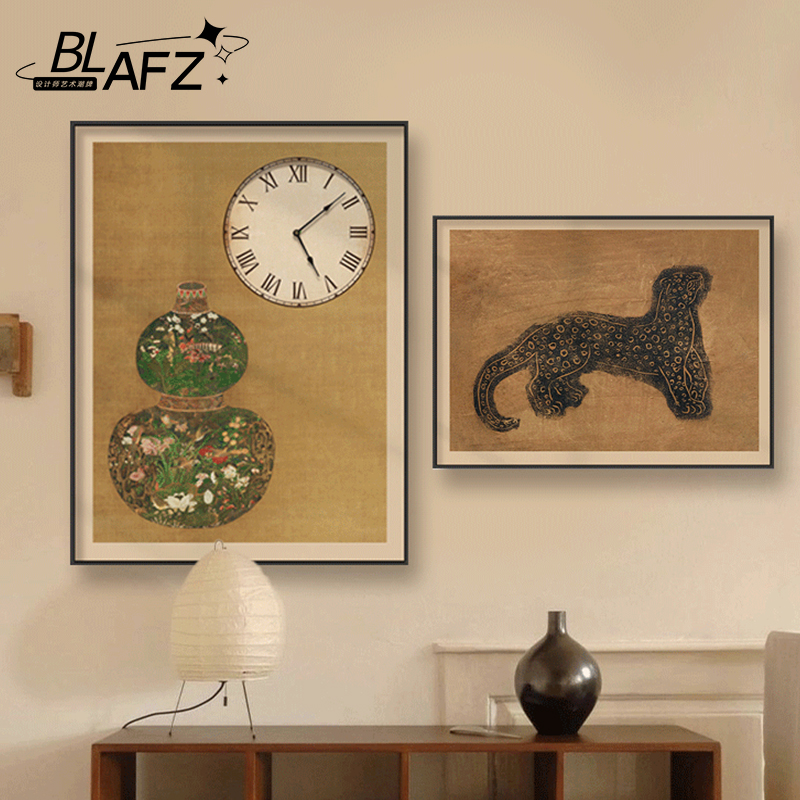 中古风法式混搭平安花瓶金钱豹竖款可遮挡电表箱超静音挂钟装饰画