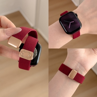适用iwatch11表带苹果S11手表applewatch10女生小蛮腰尼龙S10新款 S9秋冬腕带S8运动S7智能6新年酒红色 SE3时尚