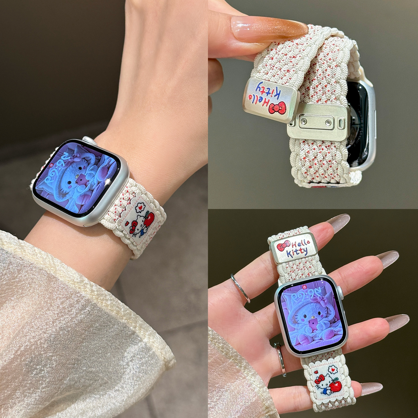 可爱kt猫适用苹果手表表带iWatchs10尼龙10编织applewatch9夏天s9女款s8运动SE磁吸弹力s7创意8时尚6新款腕带