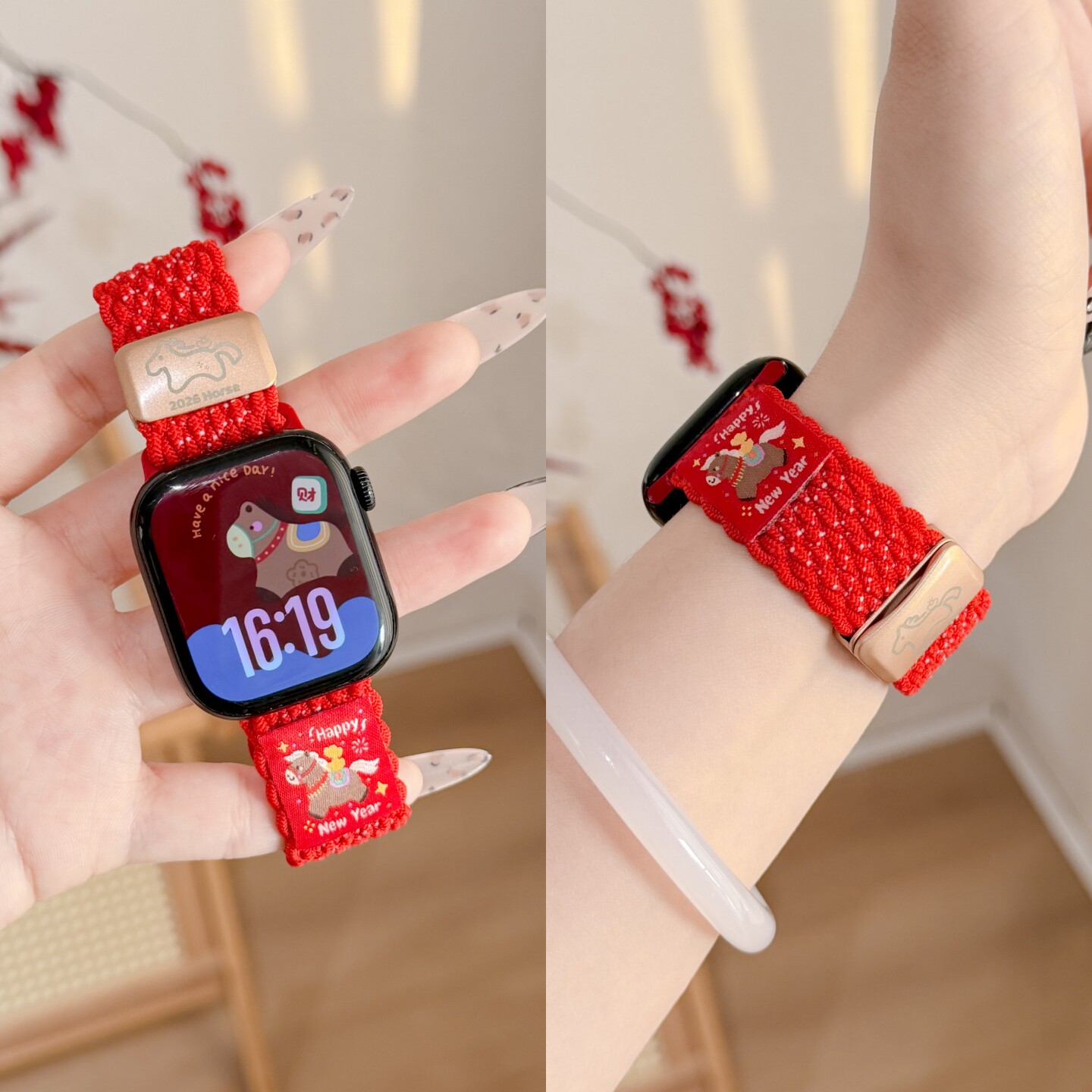 新年红色适用苹果S11手表iwatch11表带applewatch10小蛮腰编织尼龙腕带S10运动s9高级感se3女款s8细款s7磁吸