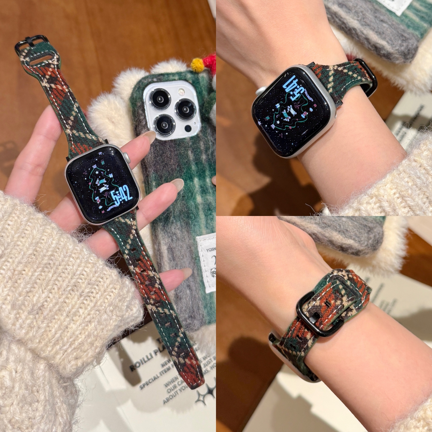 圣诞红绿格纹适用苹果手表表带