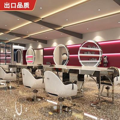 理发店镜台发廊专用拉丝柜子不锈钢大理石一体烫染剪发美发店镜子