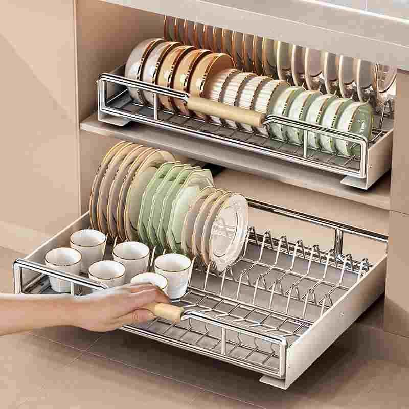 德国进口厨房碗盘收纳架碗碟拉篮抽屉式置物架橱柜内沥水抽拉碗篮