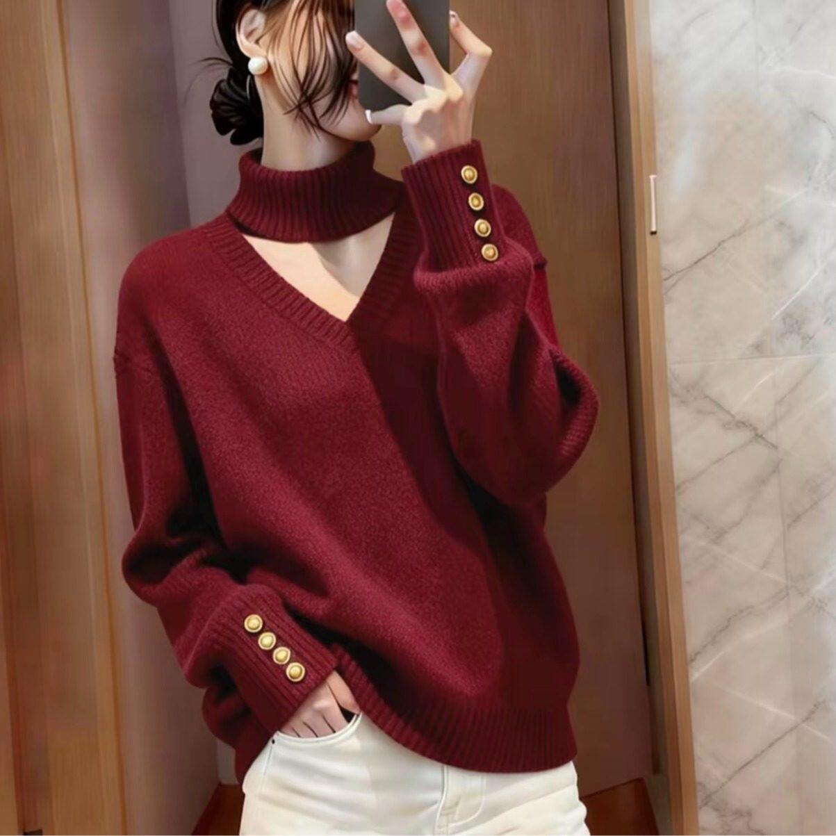 高级感挂脖酒红色V领正肩毛衣女2026早春新款大码胖mm打底衫上衣