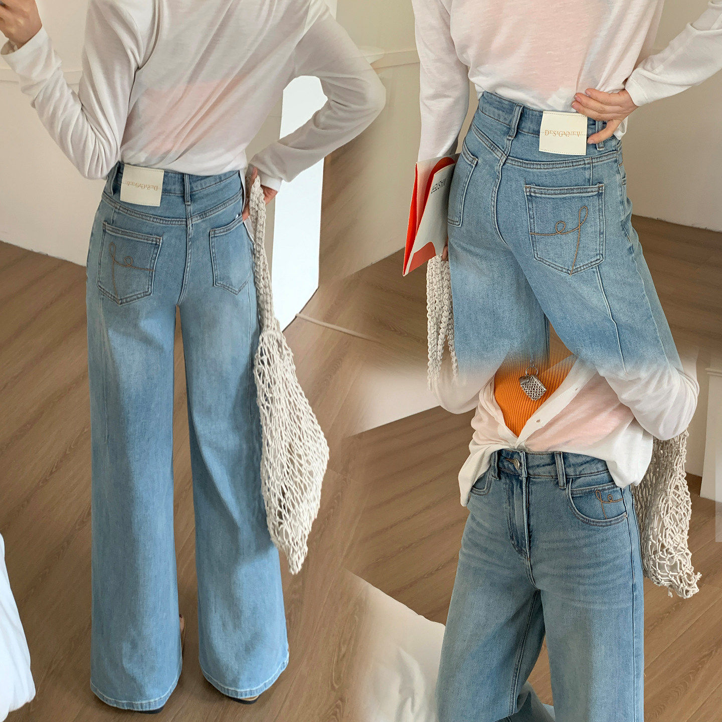 浅色阔腿牛仔裤女窄版2026年新款春季宽松垂感水洗高腰直筒拖地裤