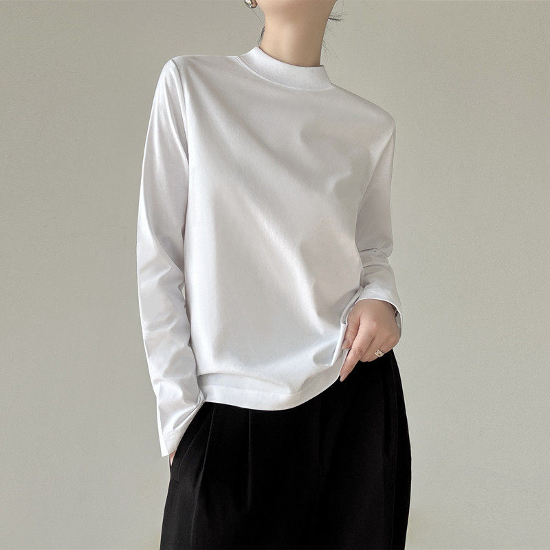 纯色简约半高领长袖T恤后中线正肩打底衫宽松休闲外穿百搭上衣女