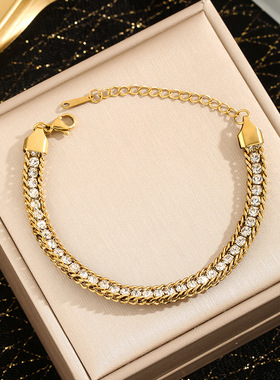 欧美ins风18K金双层白色锆石手链跨境百搭钛钢不掉色手链饰品