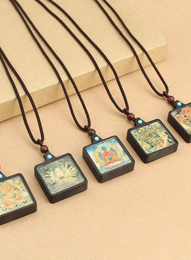 复古藏饰八大守护神生肖唐卡项链黑檀木吊坠挂件旅游景区手作配饰