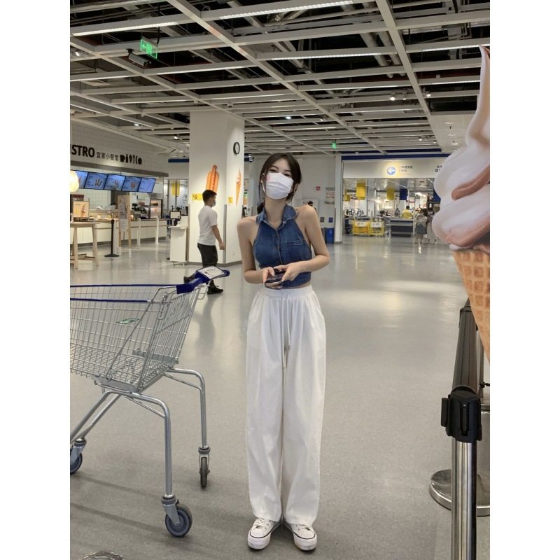 夏季外穿设计感外穿翻领短款上衣女欧美复古性感露背挂脖牛仔背心