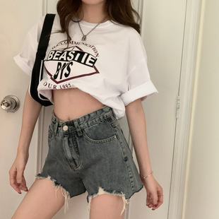 2025新款 女装 港风复古牛仔裤 夏季 子 韩版 高腰不规则毛边设计感短裤