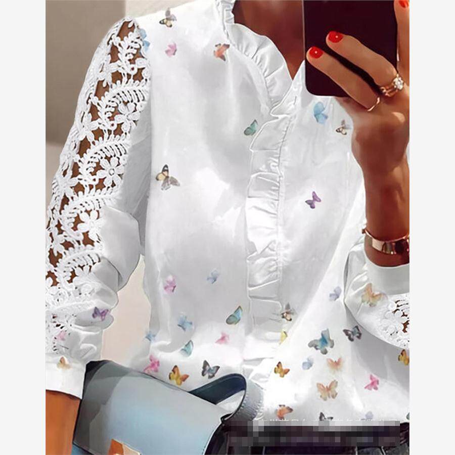 Women casual splicing shirt 女装新款蕾丝拼接衬衫