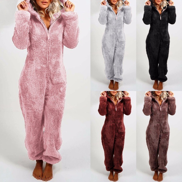 2022欧美秋冬女跨境加绒加厚毛毛连体裤家居连帽小熊睡衣pajamas