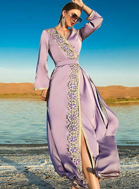 雾紫色新款重工手缝钻连衣裙宫廷风迪拜旅游网红长炮裙印尼Dress