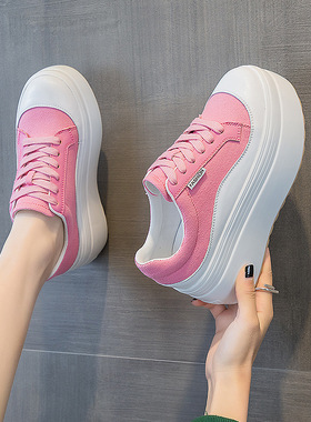 Pink Single Shoe Girl白色帆布鞋女厚底8公分粉色单鞋女小白鞋