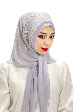 马来印尼中东女流苏定珠纯色头巾金丝花朵披肩帽子头巾Head scarf