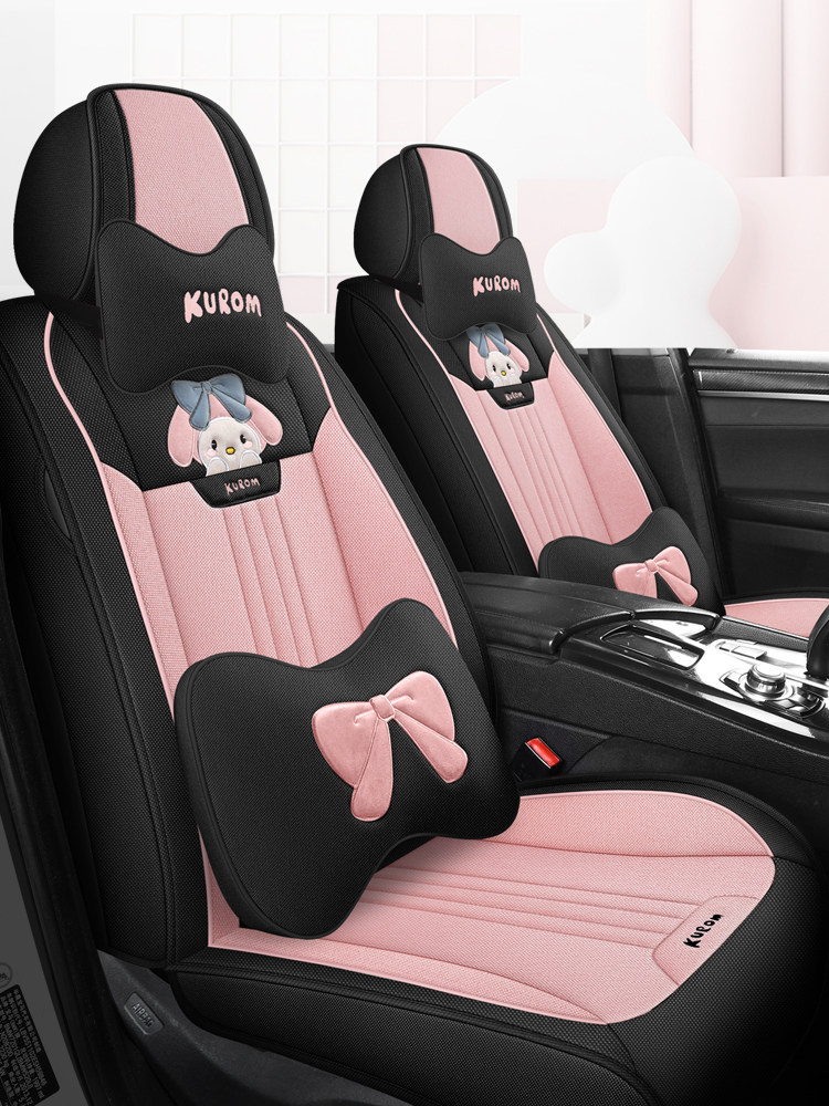 汽车坐垫四季通用全包围座套亚麻布可爱卡通全包女神款座垫座椅套