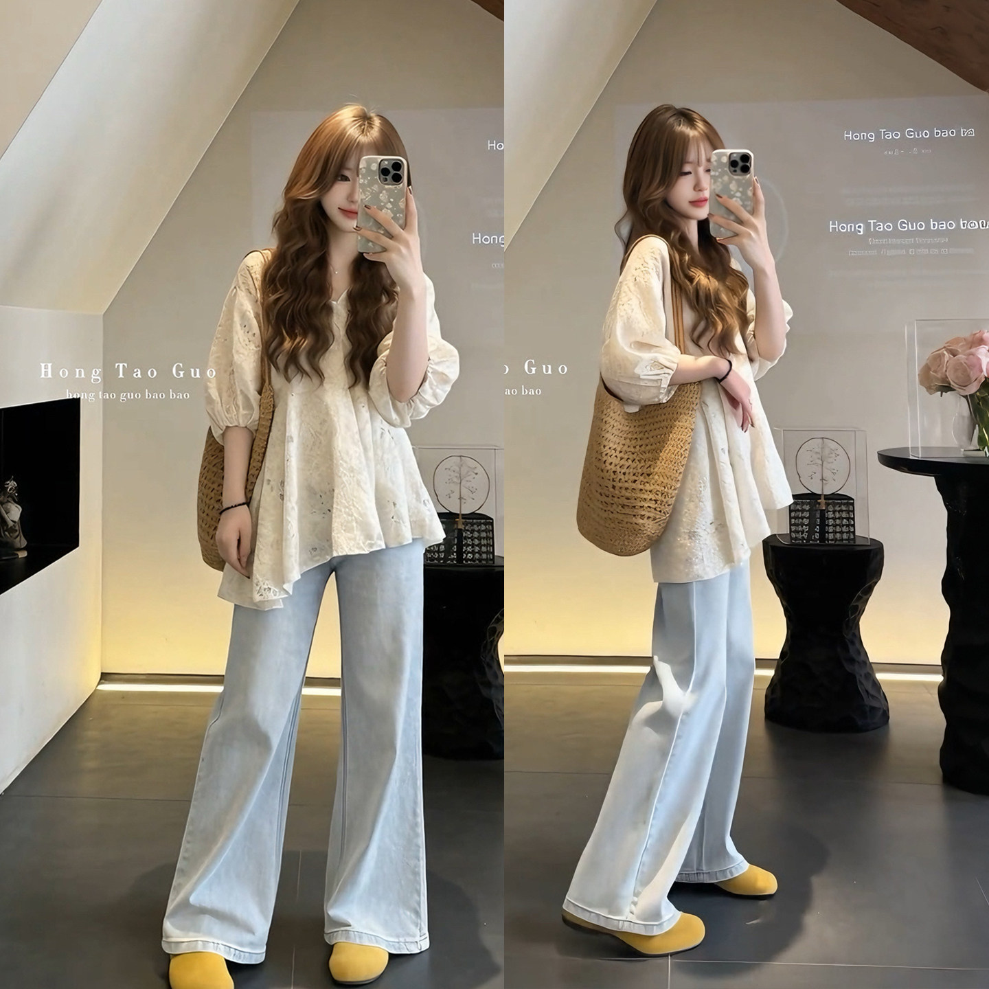 夏天搭配一整套2026韩系穿搭复古镂空遮肉显瘦衬衫牛仔裤两件套女