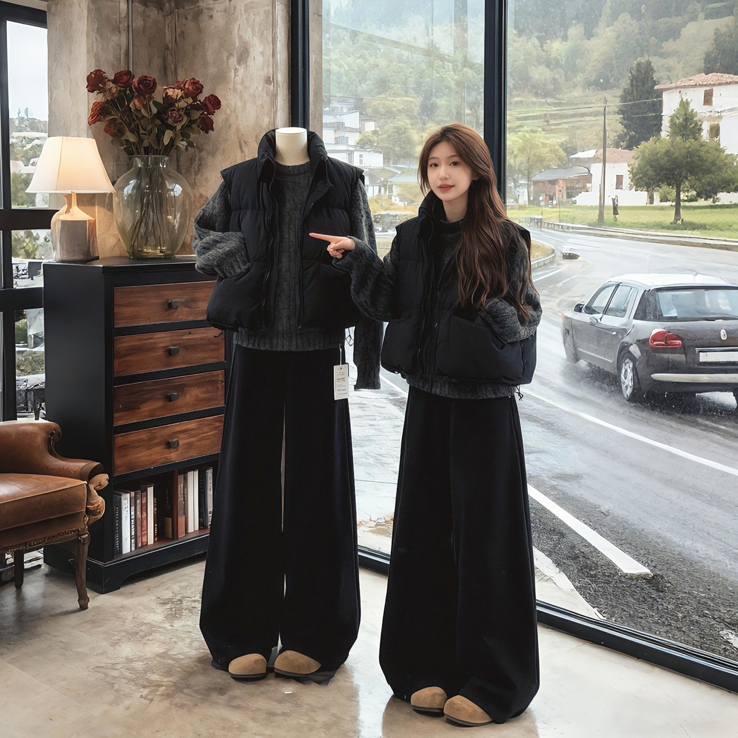 冬装搭配一整套韩系穿搭慵懒针织毛衣叠穿棉服马甲阔腿裤三件套女