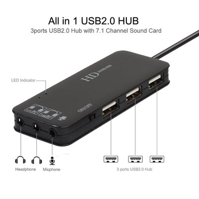 3 Port USB Hub with External 7.1 Channel Sound Card Headset
