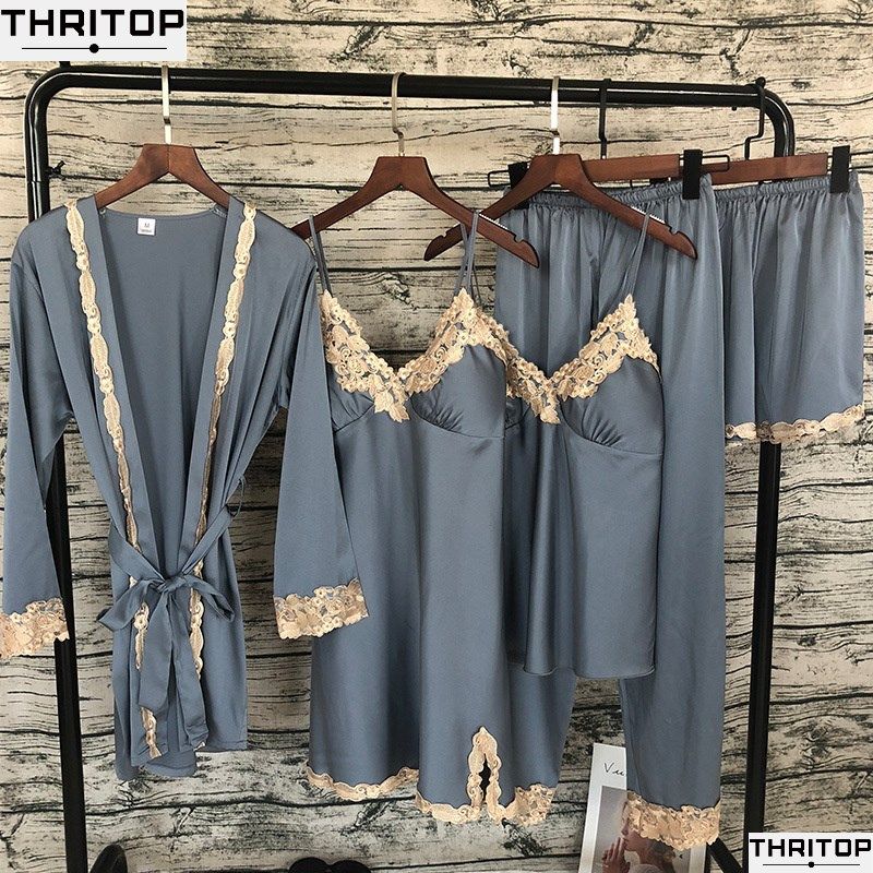 Women Sleepwear Pyjamas Lace Pajamas Pijama Silk Night Suit