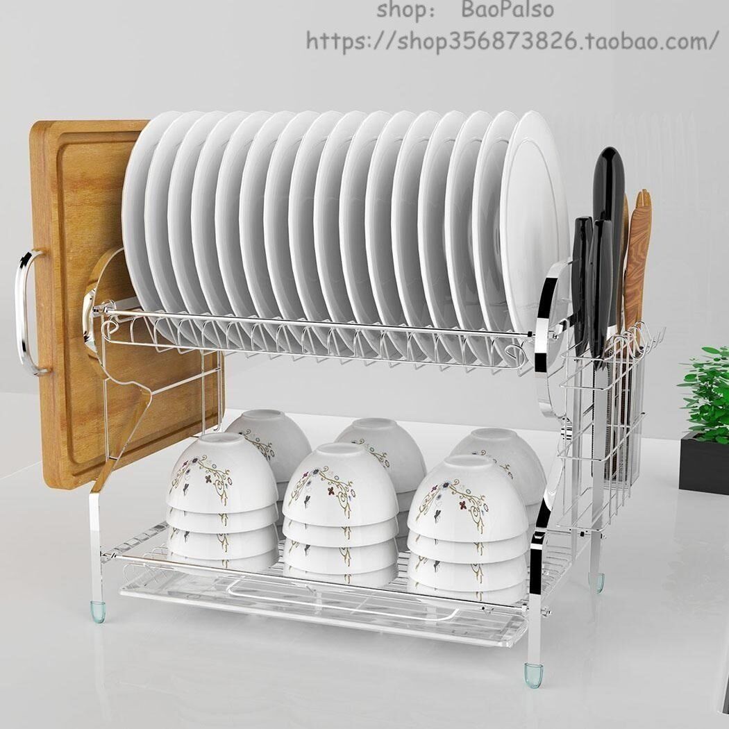 Stainless Steel 2 Tiers Kitchen Dish Cup Drying Rack Drainer