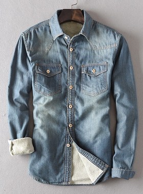 Plush men's long sleeved denim shirt Autumn and winter new