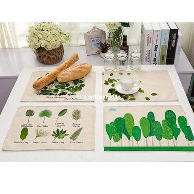 4Pcs/set Green Plants Linen Table Mat Square Wesn Bowl Pa