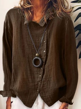 Women Autumn Long Sleeve Cotton Linen Blouse Shirts Elegant