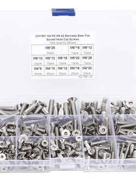 260Pcs Flat Screw Set M4/M5/M6 Hex Socket Stainless Steel 30