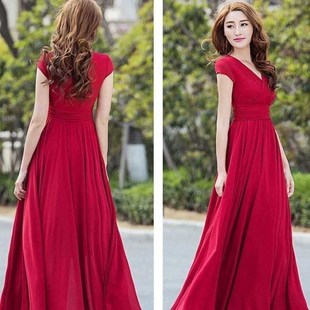 Red Party Long Dress Lady Vneck Evening gown Women dresses