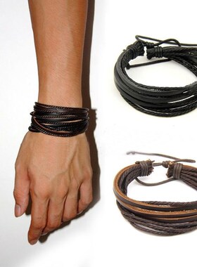 Men's  Leather Bracelet Braided Rope Surfer Tribal Wrap Mul