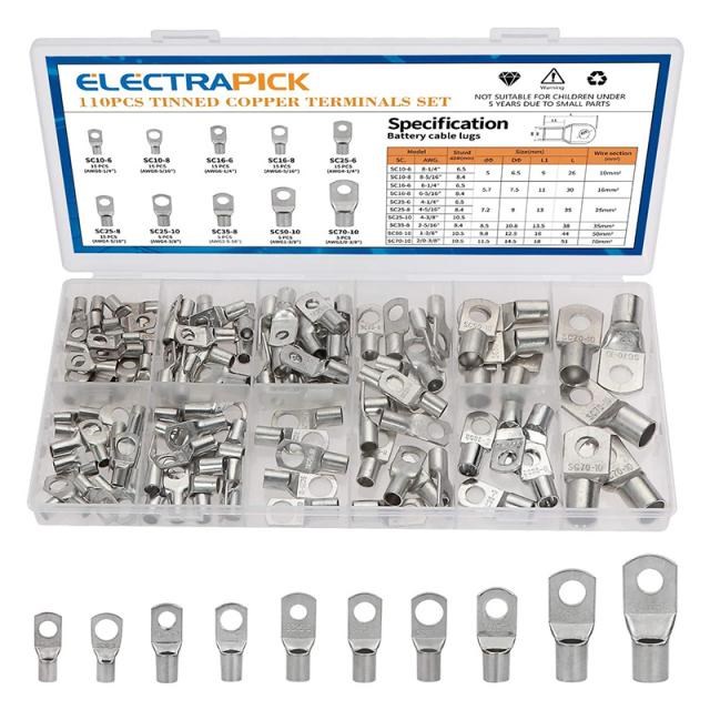 Electrapick 110pcs Assortment Tinned Copper Lugs Ring Crimp