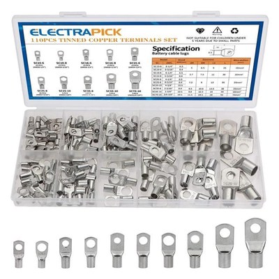Electrapick 110pcs Assortment Tinned Copper Lugs Ring Crimp