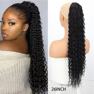 小卷抽绳马尾辫 wig 22寸黑色长款 欧美化纤网兜马尾假发