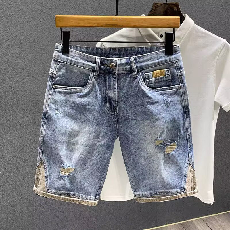 2025夏季高端潮牌乞丐破洞牛仔短裤男士拼接中裤潮流修身五分裤子