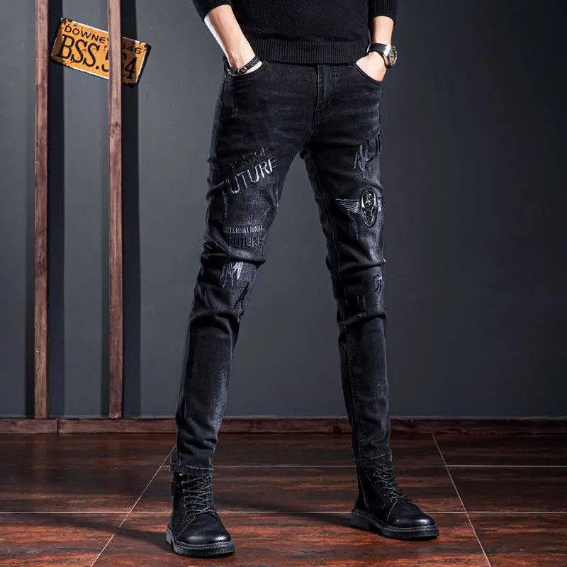 秋冬季新款刺绣牛仔裤男高端潮流修身小脚青年弹力流行百搭休闲裤,男装,牛仔裤,淘宝优惠券,粉丝福利购,淘宝优惠卷