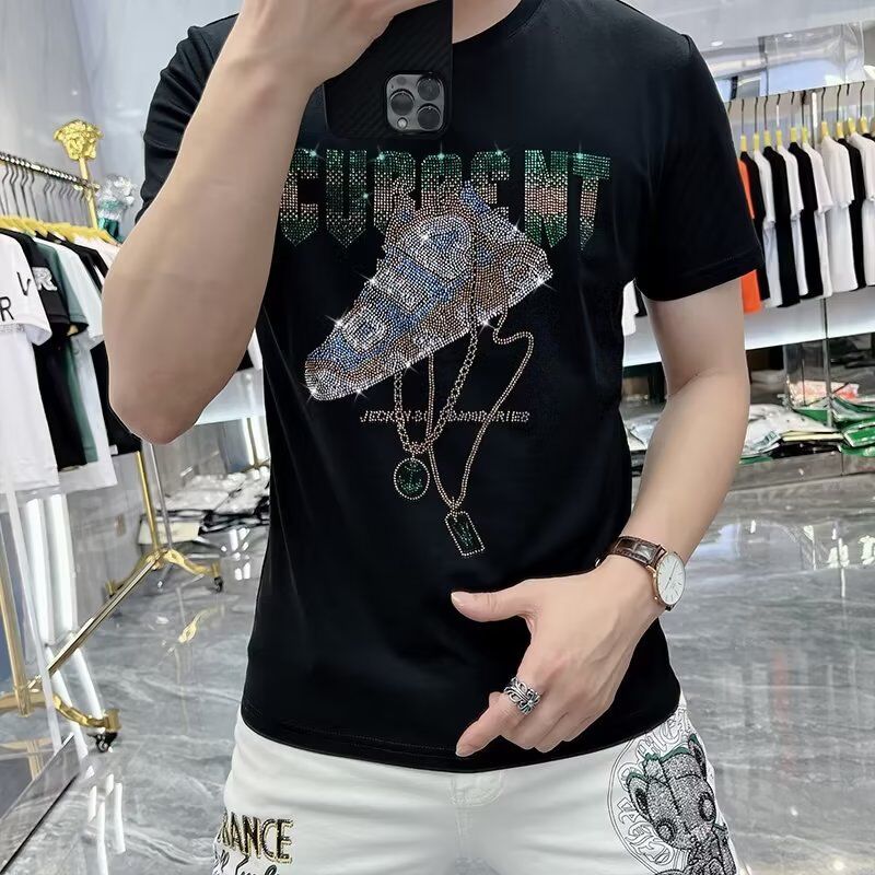 欧洲站2025新款男士印花烫钻短袖t恤男青年精神小伙大码体恤潮牌